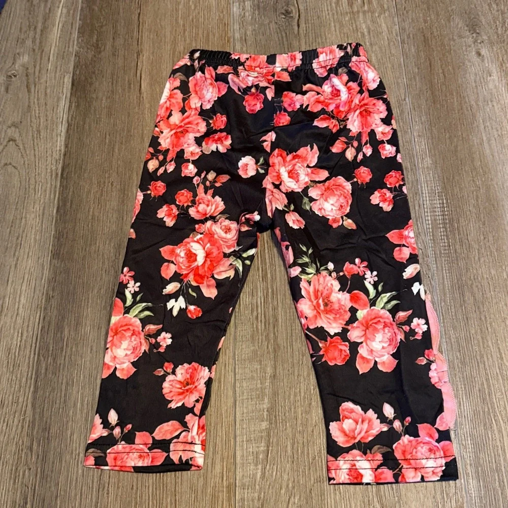 Black Floral Ruffle Detailed Girls Pants